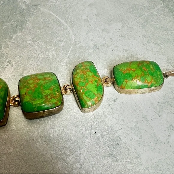 Green Turquoise Stone chunky bracelet with .925 silver hardware